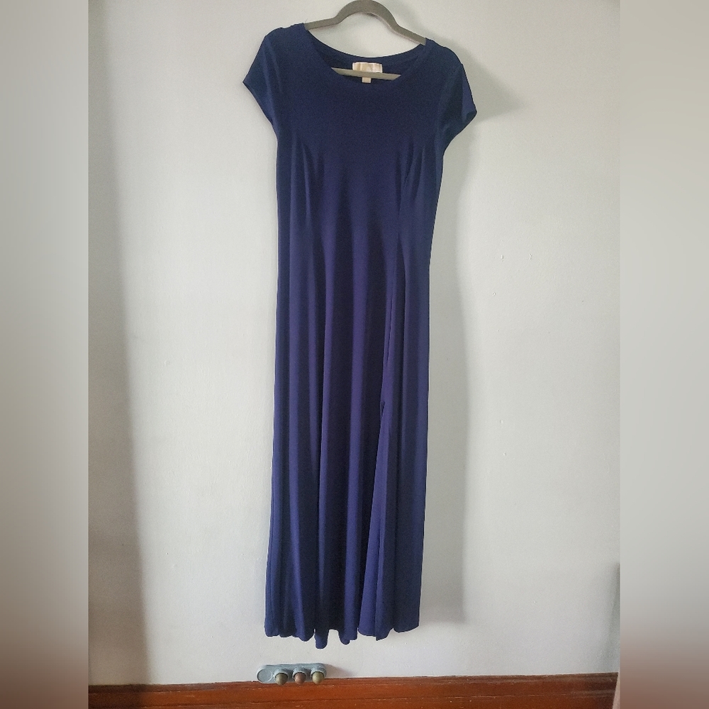 MICHAEL  Michael Kors Stretch Cap Sleeve Maxi Dress with Slit Navy M
